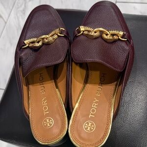 Tory Burch Burgundy Leather Chain-Trim Mules